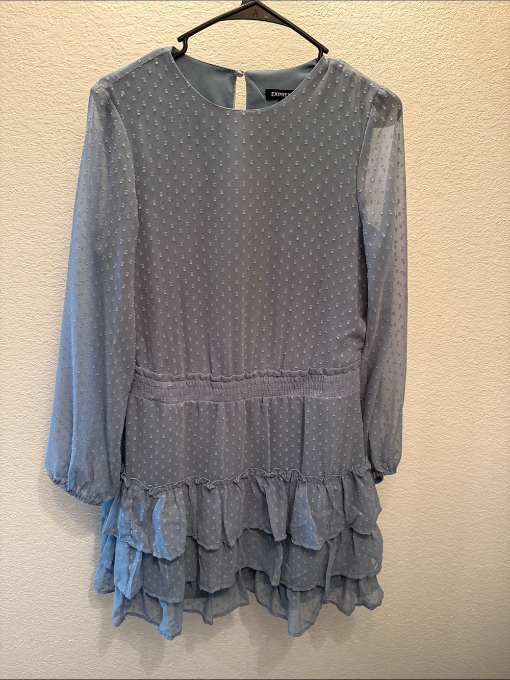 Express Dusty Blue Swiss Dot Ruffle Dress